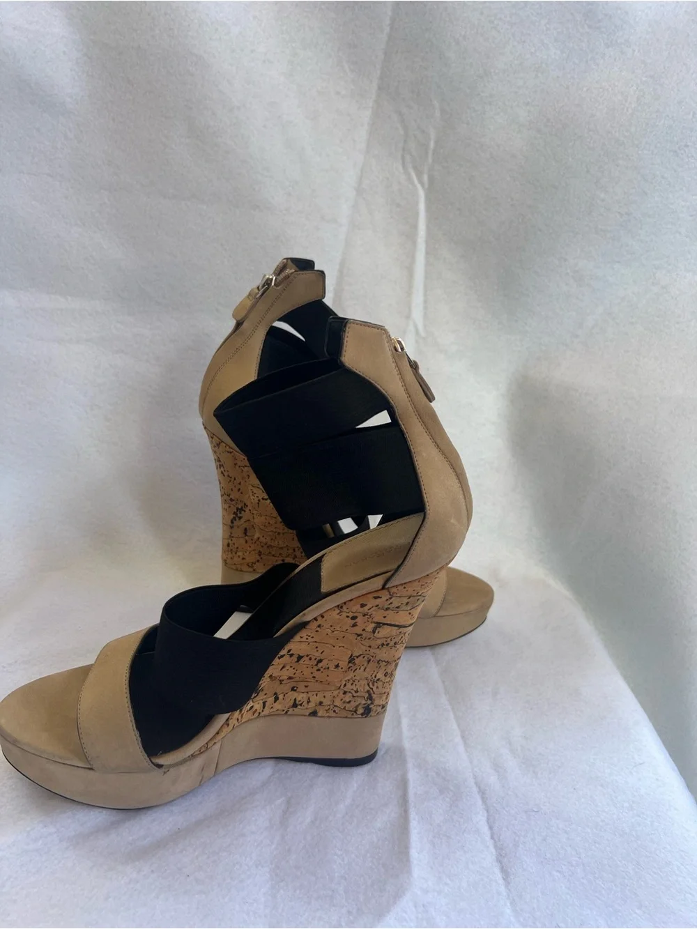 Donna Karan Beige and Black Cork Wedge Sandal